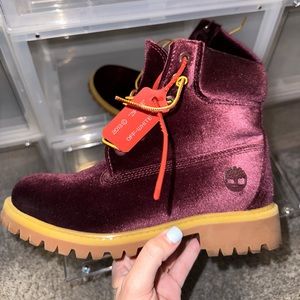 Off White Velvet Wine Timberland Boots